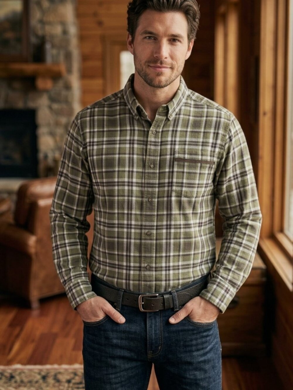 Mens Cabelas Olive & Brown Plaid Button Down Long Sleeve Shirt Size Large